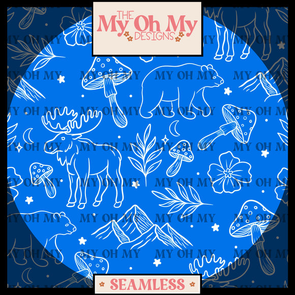 Nature outlines, moose, bear, mushroom, flower, mountains - Seamless File