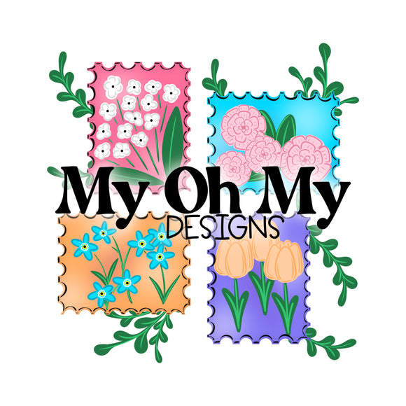 Floral Stamps, Flowers - PNG File