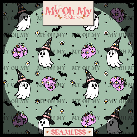 Floral Halloween, ghost, pumpkin, witch hat - Seamless File