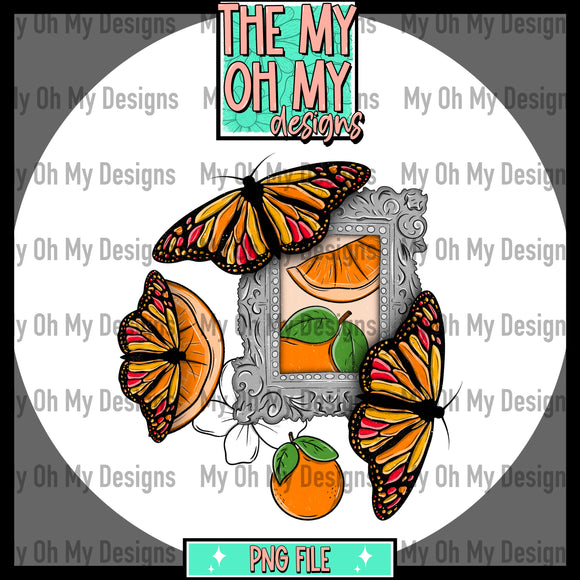 Oranges, butterflies, butterfly, flowers, picture frame - PNG File