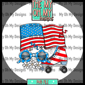 Roller Skates, Fourth of July, sunglasses, flowers, summer, red white blue, 4th - PNG File