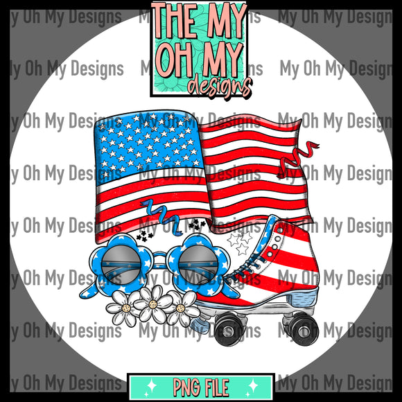 Roller Skates, Fourth of July, sunglasses, flowers, summer, red white blue, 4th - PNG File