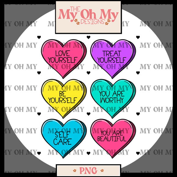 Self love candy hearts, self care, Valentine’s Day- PNG File