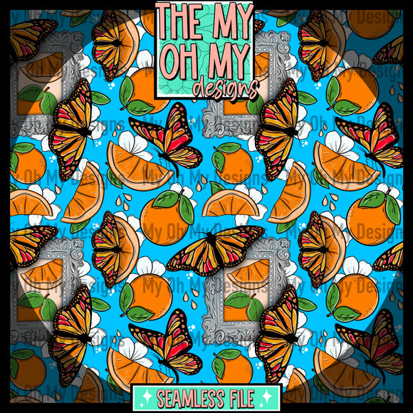 Oranges, butterflies, butterfly, flowers, picture frame - Seamless File