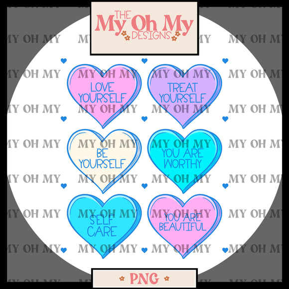 Self love candy hearts, self care, Valentine’s Day- PNG File