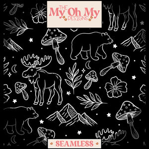 Nature outlines, moose, bear, mushroom, flower, mountains - Seamless File