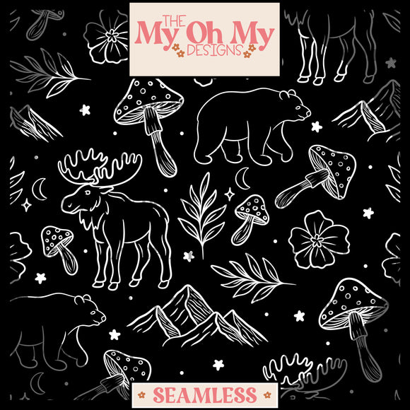 Nature outlines, moose, bear, mushroom, flower, mountains - Seamless File