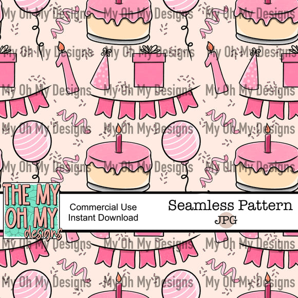 Birthday, balloons, present, banner, cake, number 1 candle - Seamless File