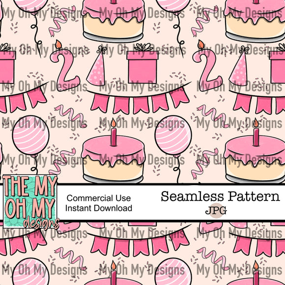 Birthday, balloons, present, banner, cake, number 2 candle - Seamless File