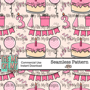 Birthday, balloons, present, banner, cake, number 3 candle - Seamless File