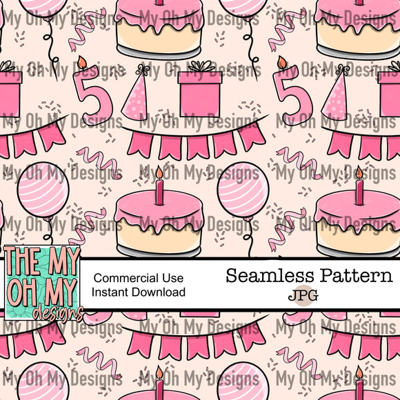 Birthday, balloons, present, banner, cake, number 5 candle - Seamless File