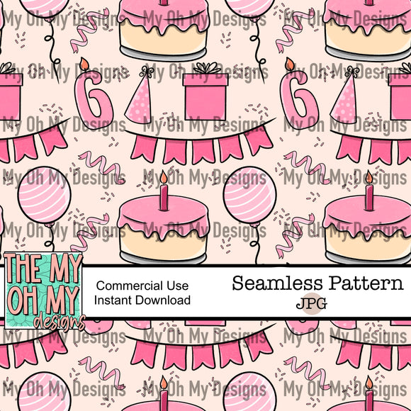 Birthday, balloons, present, banner, cake, number 6 candle - Seamless File