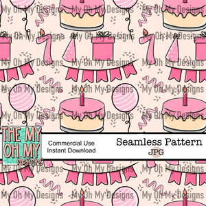 Birthday, balloons, present, banner, cake, number 7 candle - Seamless File