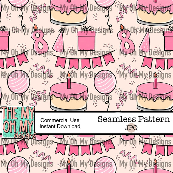 Birthday, balloons, present, banner, cake, number 8 candle - Seamless File