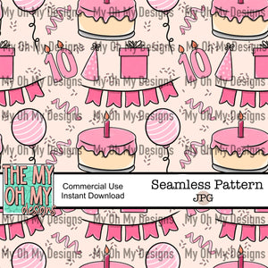 Birthday, balloons, present, banner, cake, number 10 candle - Seamless File