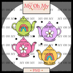 Tea Pots, flowers, Rainbows - PNG File