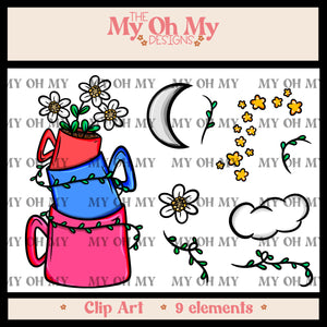 Flowers, Coffee Mug, Tea Cup, Moon Clouds - Clip Art Files