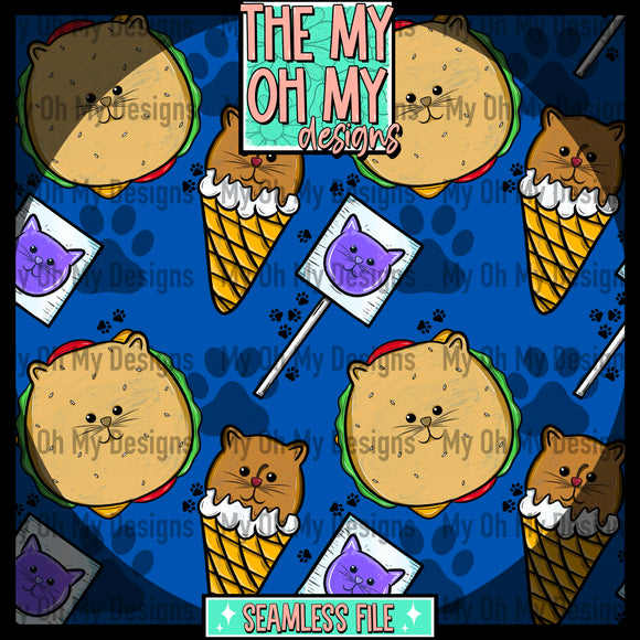 Cat food, cheeseburger, sucker, ice cream cone, cat faces - Seamless File