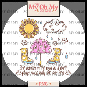 She dances in the rain as if the earth plays music only she can hear, Rainy day, rain, boots, clouds, umbrella, sun - PNG File