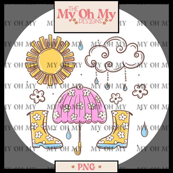 Rainy day, rain, boots, clouds, umbrella, sun - PNG File