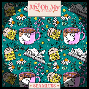 Smile face, flower, tea, book, foral - Seamless File