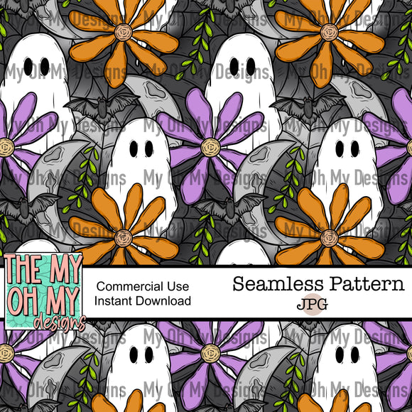 Ghost, Moon, Bat, Spiderwebs, Flowers, Halloween - Seamless File