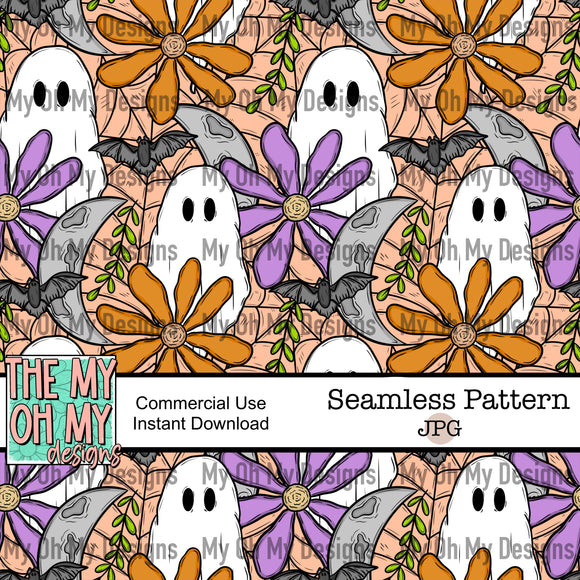 Ghost, Moon, Bat, Spiderwebs, Flowers, Halloween - Seamless File