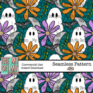 Ghost, Moon, Bat, Spiderwebs, Flowers, Halloween - Seamless File