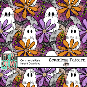 Ghost, Moon, Bat, Spiderwebs, Flowers, Halloween - Seamless File