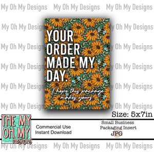 Floral, Bee, Flowers - Small Business Package Insert - JPG File