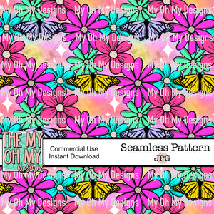 Butterfly, floral, flowers, butterflies, neon - Seamless File