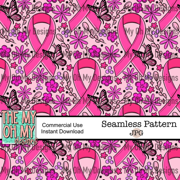 breast cancer awareness, ribbon, flowers, butterfly - Seamless File