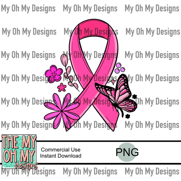 breast cancer awareness, ribbon, flowers, butterfly - PNG File