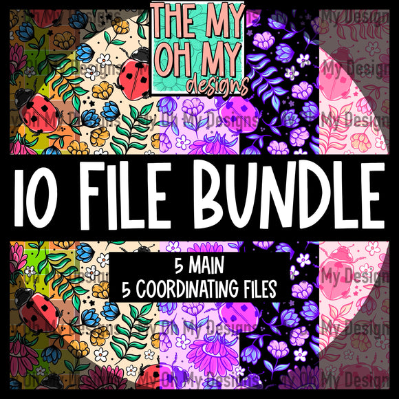 10 - Floral Ladybug, flowers, stripes - Seamless File Bundles