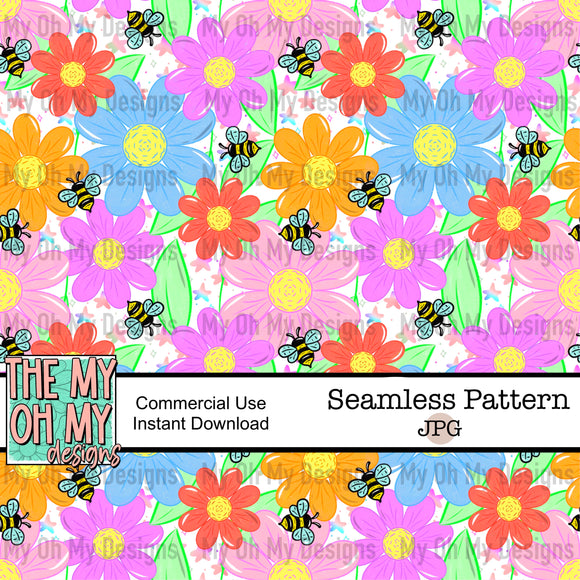Floral, flowers, bee, stars - Seamless File