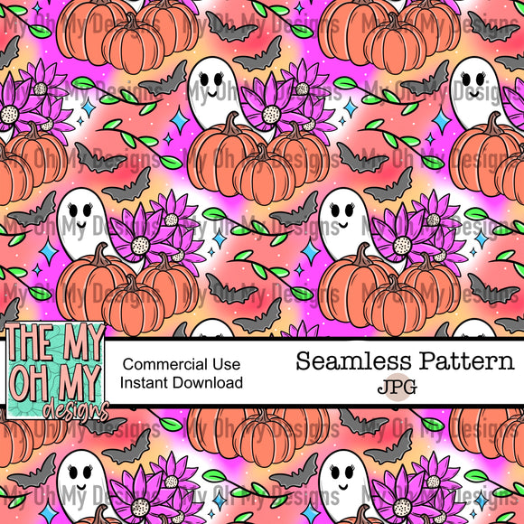 Pumpkin Patch Ghost. Flowers, bats, Halloween, fall - Seamless File