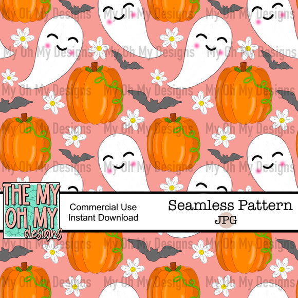 Ghosts, floral, flowers, pumpkin, bat, fall - Seamless File