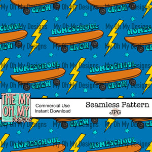 Homeschool Crew, skateboard, lightning bolt, stars - Seamless File