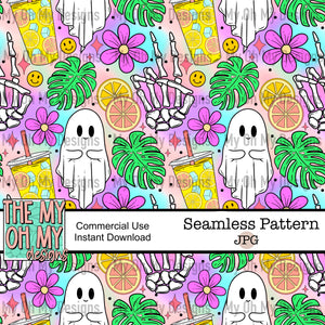 Summer Ghosts, lemonade, Monstera plant leaf, skeleton peace sign, flowers, smile face, Halloween - Seamless File