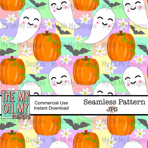 Ghosts, floral, flowers, pumpkin, bat, fall - Seamless File