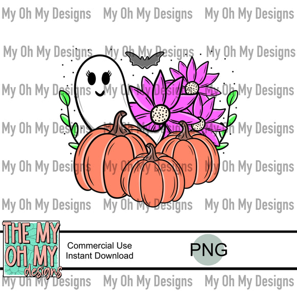 Pumpkin Patch Ghost. Flowers, bats, Halloween, fall - PNG File