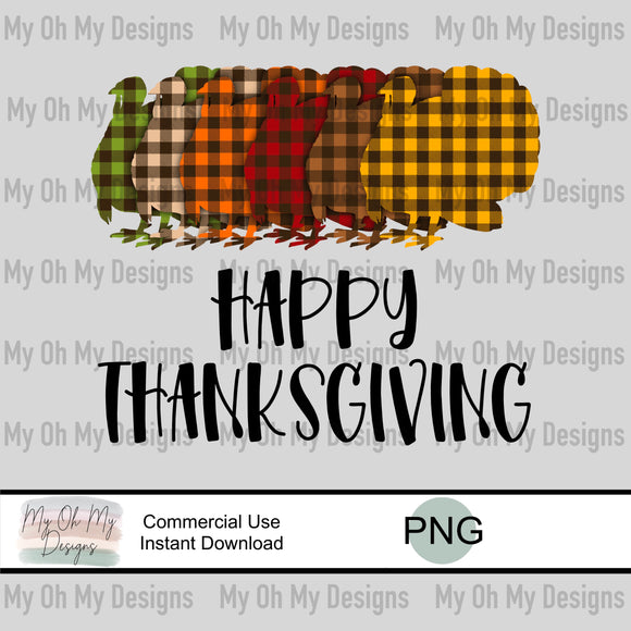 Happy Thanksgiving, plaid turkeys - PNG File
