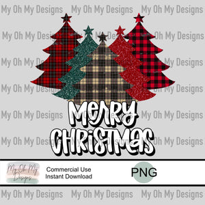 Merry Christmas, Plaid Glitter Christmas Trees - PNG File