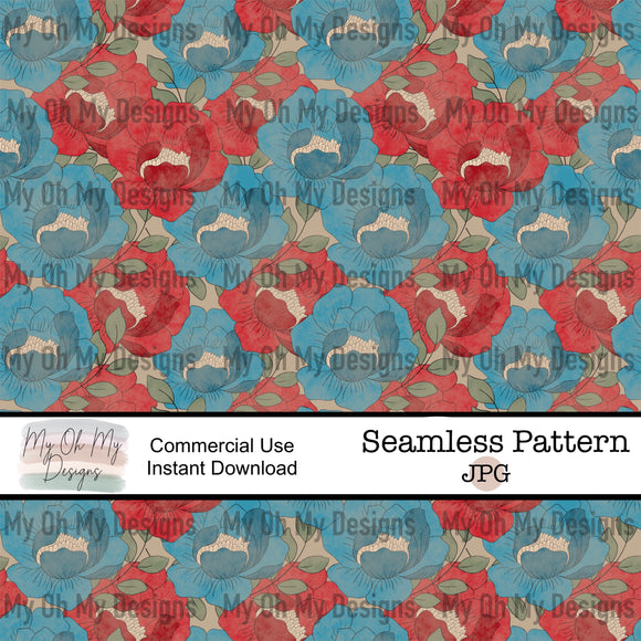 Fourth of July distressed floral, red white and blue, flowers, vintage - Seamless File