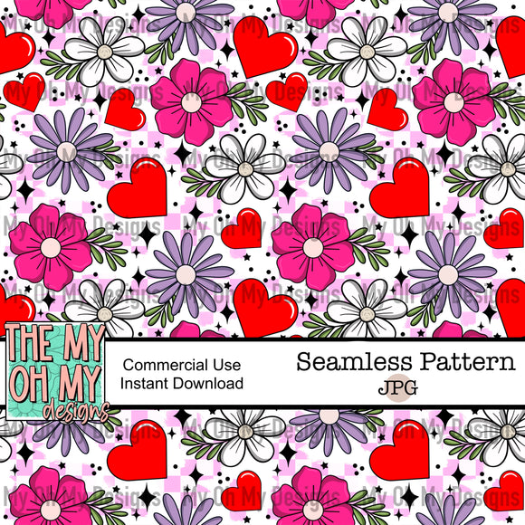 Valentine floral, flowers, hearts, distress checkerboard- Seamless File