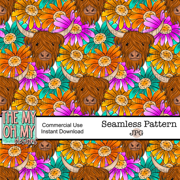 Highland Cow, floral, flowers - Seamless File