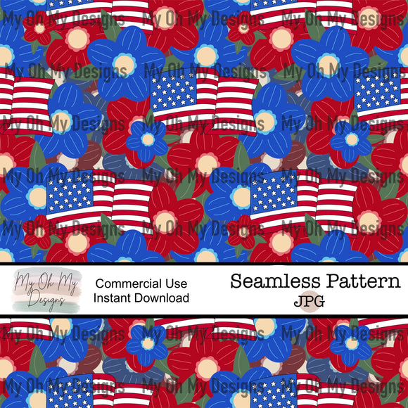 4th of July floral, American flag, flowers - Seamless File