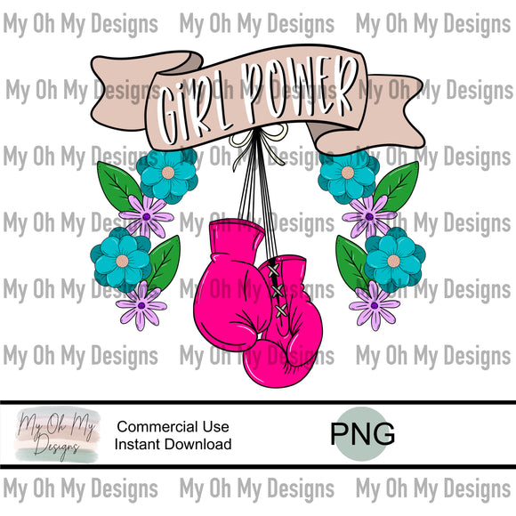 Girl power, floral, flowers, pink boxing gloves - PNG File