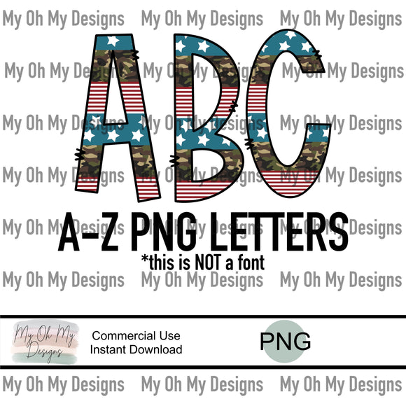 Alphabet Set, 4th of July stripes, camo print, Military - PNG File