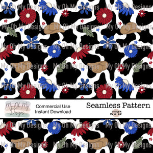 Cow print, floral, cowboy hat, flowers, 4th of July - Seamless File